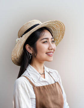 A woman with long black hair and a big smile, wearing a straw hat and a brown apron, looks off to the side.