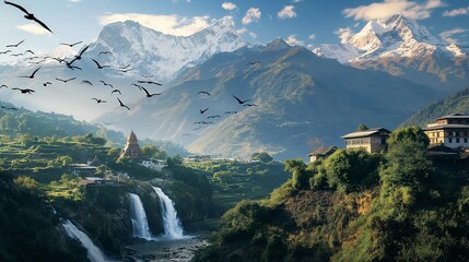 An HD snapshot capturing the dynamic synergy of streams cascading down mountains, weaving through villages, with the delightful presence of beautiful birds dancing in the sky.