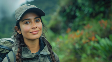 Serene Young Woman Enjoying Nature on a Hiking Adventure Backpacking Trip