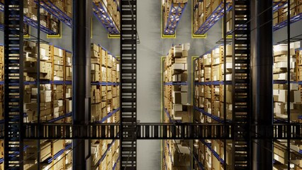 Massive storage facility loaded with goods and products, arranged on metal racks tagged with barcodes and identification labels. Warehouse handling shipping and sales activities. 3D render animation.
