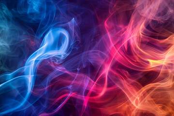 Fototapeta na wymiar Abstract swirls of bright smoke, interweaving of blue, pink and red shades, dynamic movement, black background