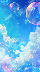 Soap bubbles in the blue sky background. 3D illustration.