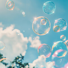 Soap bubbles fly in the blue sky and white clouds background.