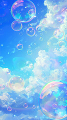 Soap bubbles in the blue sky with clouds. 3D illustration.