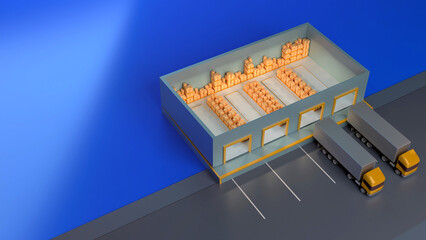 Logistic Warehouse Isometric 3d with parking, shipment truck, box for delivery. Online shopping.
