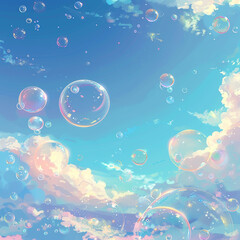 Soap bubbles on blue sky background with clouds. Vector illustration.
