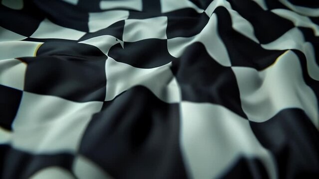 Slow tracking footage of the checkered flag being carried by a runner the rhythmic movement of the fabric creating a mesmerizing visual effect.