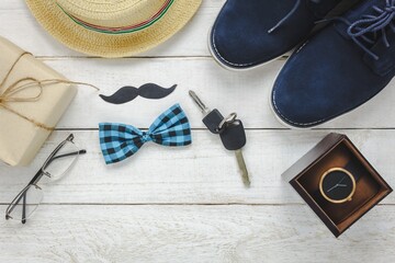 Top View Happy Father Day Rustic Wooden Background Accessories With Watch Mustache Vintage Bow Tie Pen Present Key Car Shoes Hat