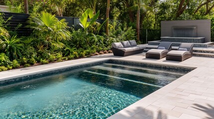 An upscale oasis unveiled in a detailed shot of a pristine pool, featuring modern design elements and surrounded by lush greenery