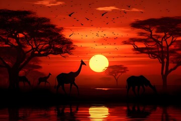 Fototapeta na wymiar Safari Sunset with Wildlife Silhouettes: A captivating safari scene with silhouettes of wildlife against a stunning African sunset.