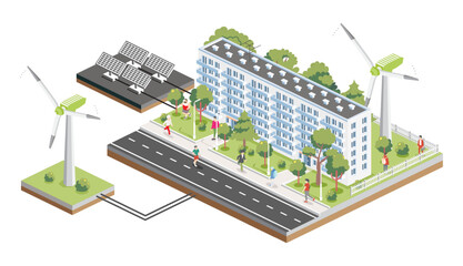 Isometric residential six storey building with people, road and trees. Infographic element. Solar panels and wind turbines. Green eco friendly house. Infographic element.