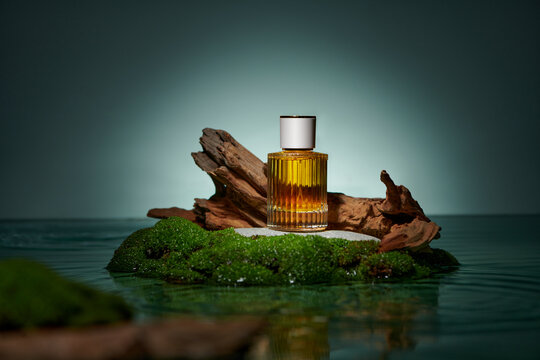Perfume bottle with branch and moss on turquoise and water background