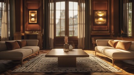 A visual symphony of luxury and simplicity unfolds in an HD-captured room with two sumptuous sofas and a stylish table, creating an immersive experience of modern opulence. - obrazy, fototapety, plakaty