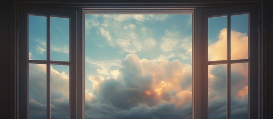 A window in a house reveals a cloudy sky outside. The thick grey clouds cover the sky, blocking the sunlight. The scene is quiet and moody, with no visible signs of rain.