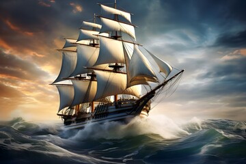 Sailing Ship on the Open Sea: A majestic sailing ship navigating the open sea with billowing sails against a dramatic sky.


