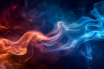 Fototapeta premium Bright blue and orange smoke trails intertwining on a dark background, abstract design