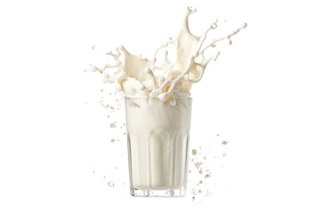 Milk Splashing Out of a Glass. A glass of milk with white liquid splashing out of it, creating dynamic movement. The milk appears fresh and creamy, with droplets suspended in the air.