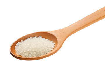 Wooden Spoon Filled With White Sugar. A wooden spoon is shown in close-up, filled to the brim with white granulated sugar. Isolated on a Transparent Background PNG.