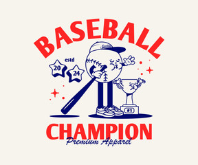 Fototapeta premium Funny cartoon character of baseball. Can be used as Sticker, posters, prints. Retro cartoon style. Vector illustration