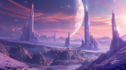 A futuristic space city with towering structures on an alien planets surface