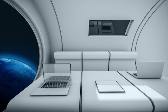 Interior of a spaceship with a view of the Earth