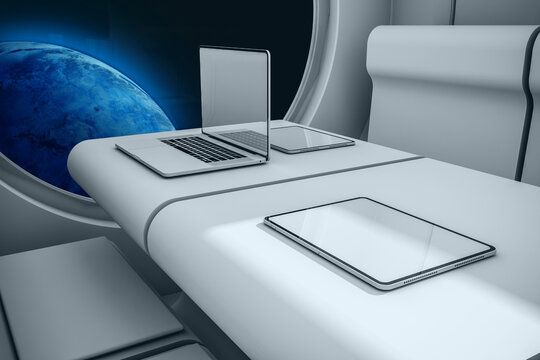 Interior of a spaceship with a view of the Earth