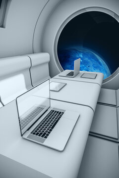 Interior of a spaceship with a view of the Earth