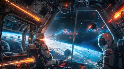 Astronauts aboard a spaceship experiencing the view of a distant galaxy