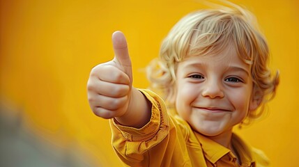 Joyful blonde child with thumbs up on a yellow background.