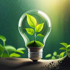 ecology and green economy, light bulb with seedling leaves growing inisde of it over green background