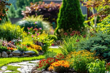 Foto op Plexiglas Beautiful landscaping with beautiful plants and flowers. © kardaska