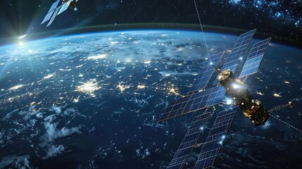 Satellite array in orbit, beaming signals across the cosmos for communication