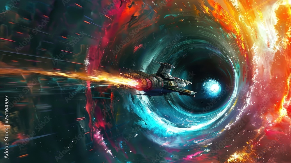Wall mural spaceship entering a colorful wormhole, creating a mesmerizing visual effect