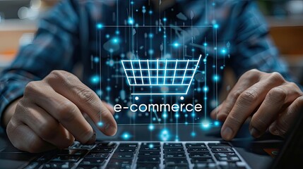 Concept of e-commerce with digital shopping cart overlay on keyboard.