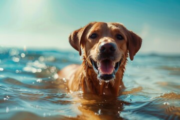 Happy puppy dog playing in the water, swimming, enjoying vacation holiday on hot sunny day.