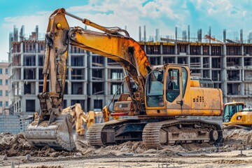 An excavator in the sand at a construction site.