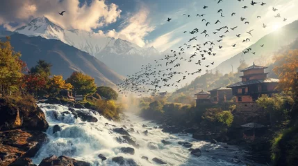Papier Peint photo Rivière forestière An awe-inspiring image capturing the majestic flow of streams through remote mountain villages, their beauty accentuated by the graceful ballet of vibrant birds against the sky.