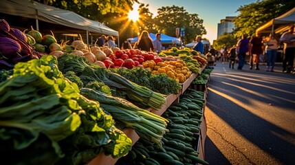 Autumn, summer Farmer's Market with fresh Vegetables, Fruits and Herbs at Sunset. Organic Vegetarian Products, Healthy Eating Concepts.