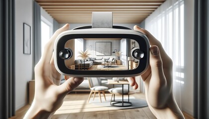 Virtual Reality mockup display living room interior design, VR showing screen mockup