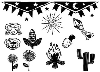 Set of June icons. Woodcut Style