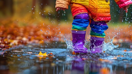 Person Wearing Colorful Rain Boots Jumping Into Puddle