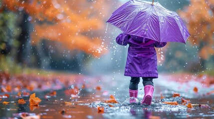Little Girl Walking in the Rain With an Umbrella