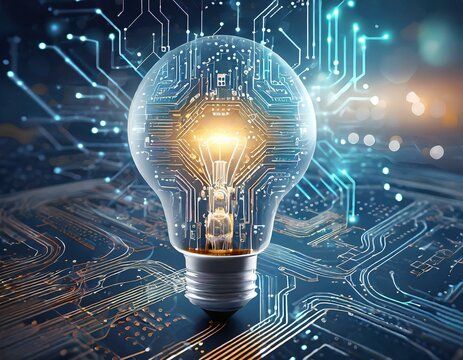 technology and innovation, light bulb with light flare shining over electronic circuit background