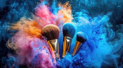 Makeup brushes with a dynamic burst of colorful powder. - Powered by Adobe