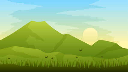 Obraz premium Green mountain landscape vector illustration. Scenery landscape of mountain ridge in spring season. Mountain in spring landscape for illustration, background or wallpaper