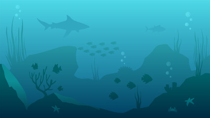Fototapeta na wymiar Underwater seascape vector illustration. Deep sea silhouette with fish and coral reef. Undersea landscape for illustration, background or wallpaper