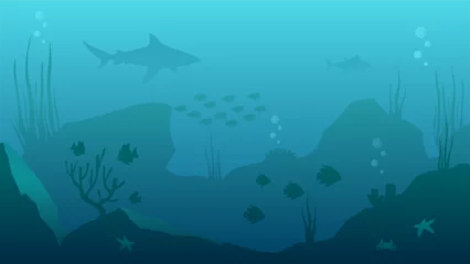 Gordijnen Underwater seascape vector illustration. Deep sea silhouette with fish and coral reef. Undersea landscape for illustration, background or wallpaper © Moleng