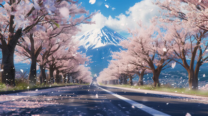 Mt Fuji can be seen at the end of the road lined with cherry blossom trees - obrazy, fototapety, plakaty