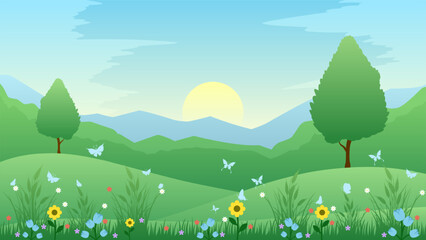 Springtime landscape vector illustration. Hill landscape in spring season with blooming flowers and meadow. Spring season landscape for illustration, background or wallpaper