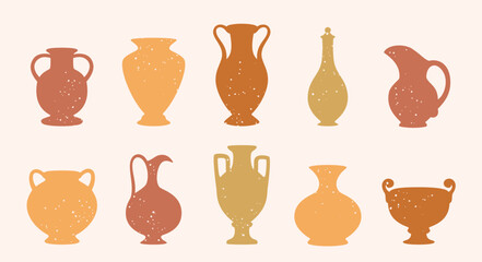 Ceramics vase silhouettes. Different old pottery, decorative vessels, clay pitchers, decor jug. Creative vases shapes in flat style isolated, vector set